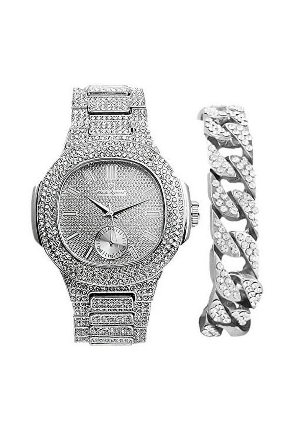 Bling-ed Out Cuban Bracelet with Oblong Silver Iced Look Hip Hop Watch - 8475BC Cuban Silver