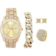 CHARLES RAYMOND Bling-ed Out It's Lit! Hip Hop Watch & Jewelry Set w/Cuban Chain Bracelet, Kite Bling Earrings & Ring - GJM13, ST10328, Gold, Ring Size-10