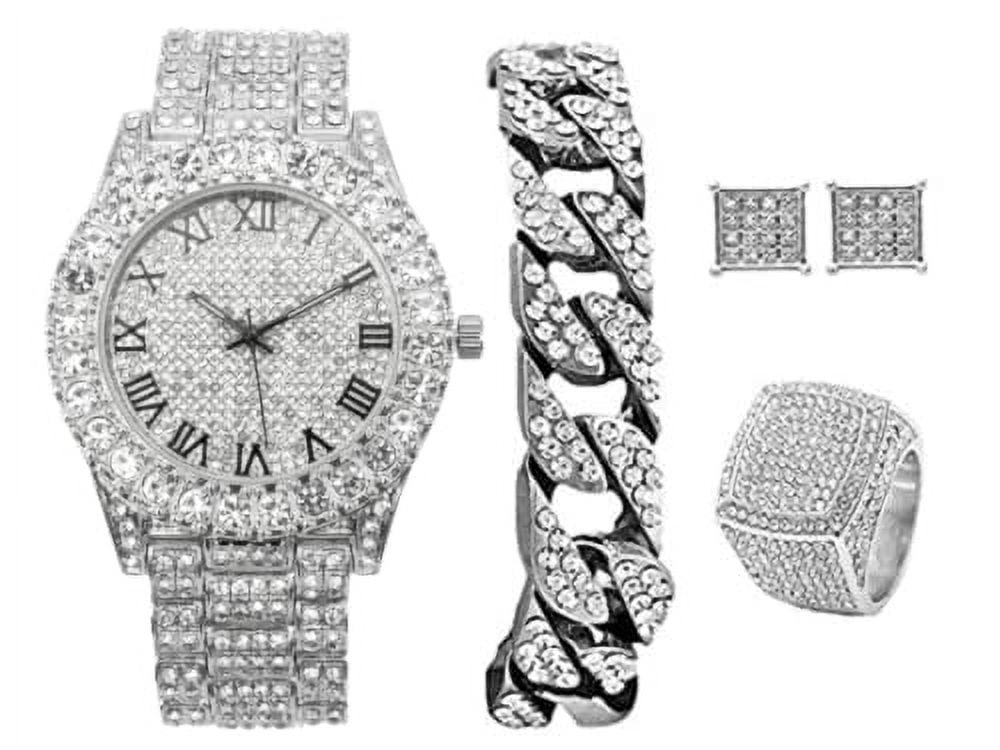 Bling Bling Watch & Earrings Luxury 5pcs Jewelry Set, Leather Watch, Earrings, Ring  main image 4