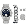 thumbnail image 1 of Bling-ed Out It's Lit! Hip Hop Watch & Jewerly Set w/Cuban Chain Bracelet, Kite Bling Earrings & Ring - GJM13 (8, ST10311 MB SLV Blue), 1 of 9