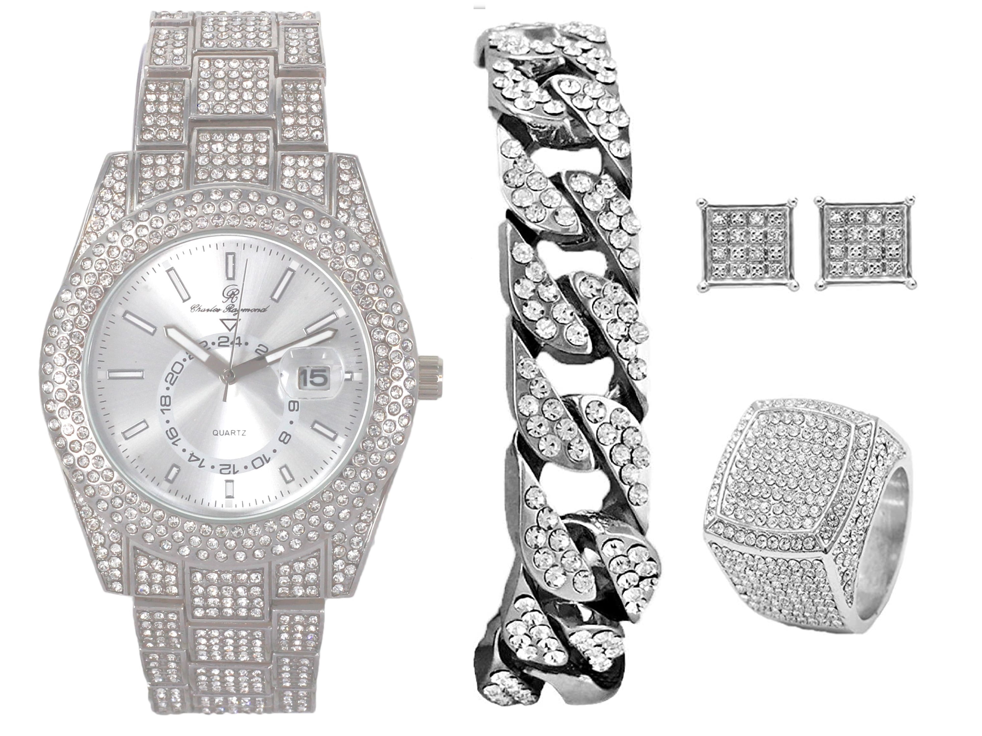 Bling-ed Out It's Lit! Hip Hop Watch & Jewerly Set w/Cuban Chain ...
