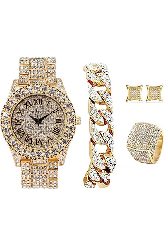 Bling-ed Out It's Lit! Hip Hop Watch & Jewerly Set w/Cuban Chain Bracelet in Gold, Kite Bling Earrings & Ring - GJM13