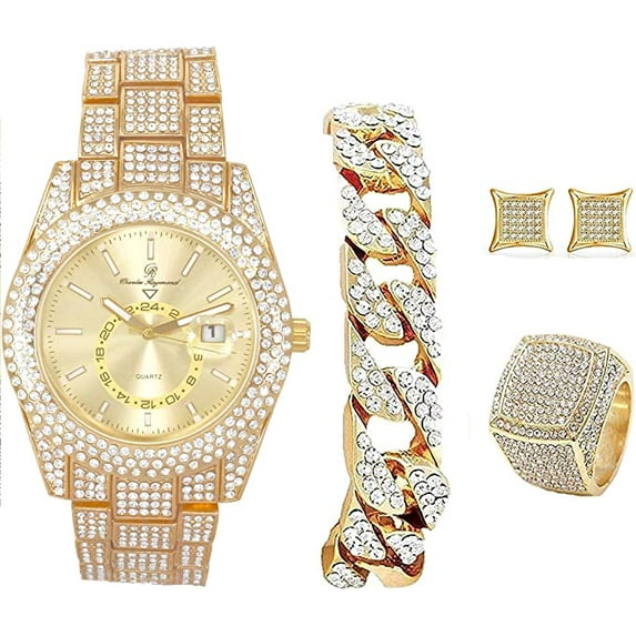 Bling-ed Out It's Lit! Hip Hop Watch & Jewerly Set w/Cuban Chain Bracelet in Gold, Kite Bling Earrings & Ring - GJM13