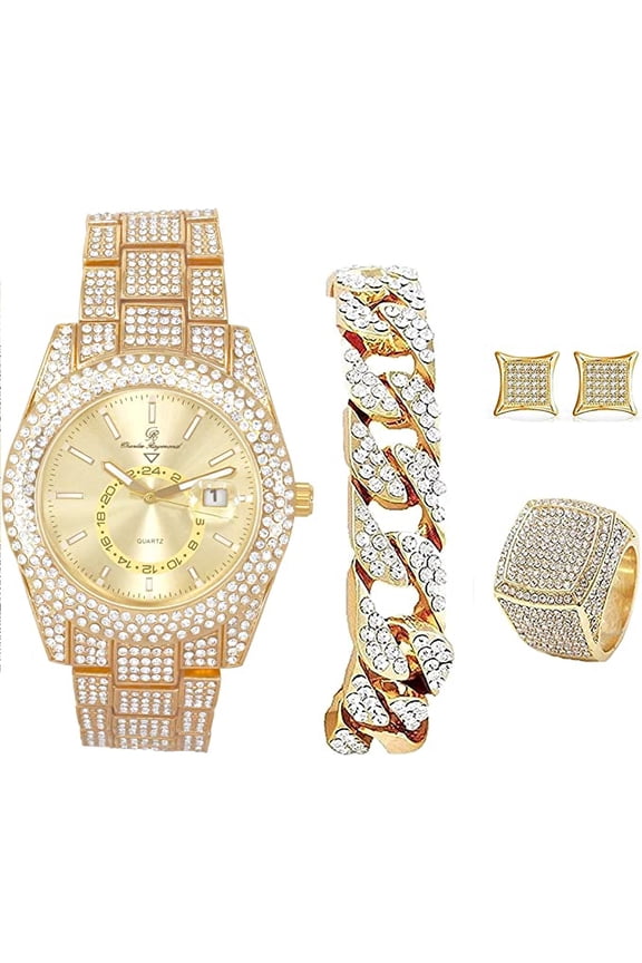 Bling-ed Out It's Lit! Hip Hop Watch & Jewerly Set w/Cuban Chain Bracelet in Gold, Kite Bling Earrings & Ring - GJM13