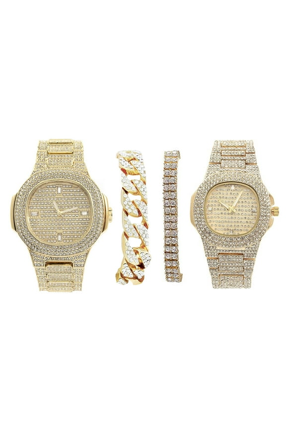 Bling'ed Out King and Queen Hip Hop Watch Set Perfect for Power Couples!! to Flaunt On and Off The Dance Floor - ST10325/ST10364 His and Hers (ST10235KB/ST10381 Gold)