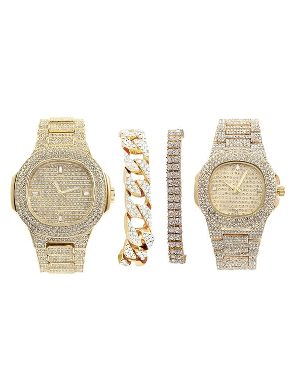 Bling'ed Out King and Queen Hip Hop Watch Set Perfect for Power Couples!! to Flaunt On and Off The Dance Floor - ST10325/ST10364 His and Hers (ST10235KB/ST10381 Gold)