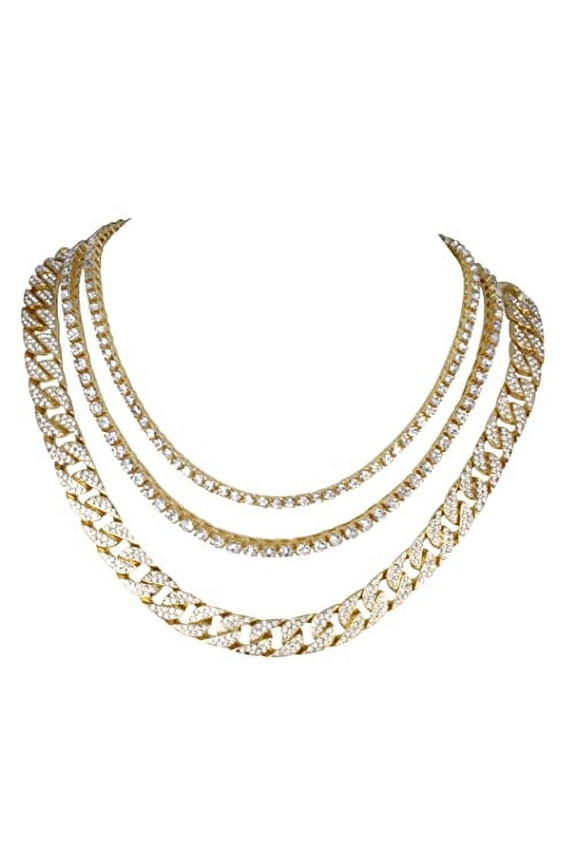 Bling'ed Out Layered Mens Jewelry is Fire! 3pc Set includes Iced 3mm Tennis Choker , 5mm Midway Tennis and Hip Hop Cuban Necklaces all layered to Perfection! - Set 35C Gold 18" + 20" + 22"
