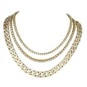 Blinged Out Layered Mens Jewelry is Fire! 3pc Set includes Iced 3mm Tennis Choker , 5mm Midway Tennis and Hip Hop Cuban Necklaces all layered to Perfection! - Set 35C Gold 18 + 20 + 22