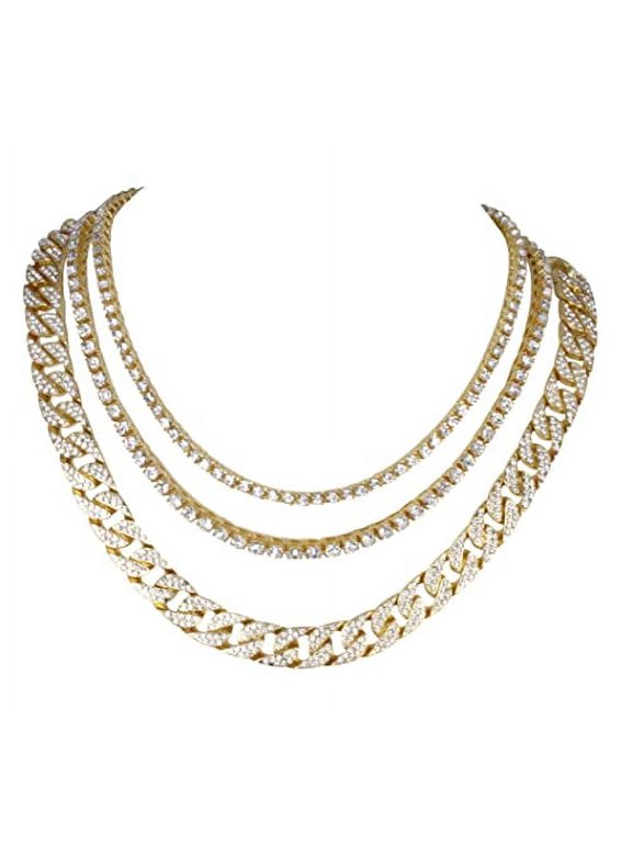 Bling'ed Out Layered Mens Jewelry is Fire! 3pc Set includes Iced 3mm Tennis Choker , 5mm Midway Tennis and Hip Hop Cuban Necklaces all layered to Perfection! - Set 35C Gold 18" + 20" + 22"