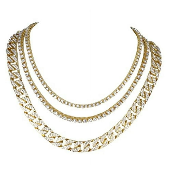 Bling'ed Out Layered Mens Jewelry is Fire! 3pc Set includes Iced 3mm Tennis Choker , 5mm Midway Tennis and Hip Hop Cuban Necklaces all layered to Perfection! - Set 35C Gold 20" + 22" + 24"