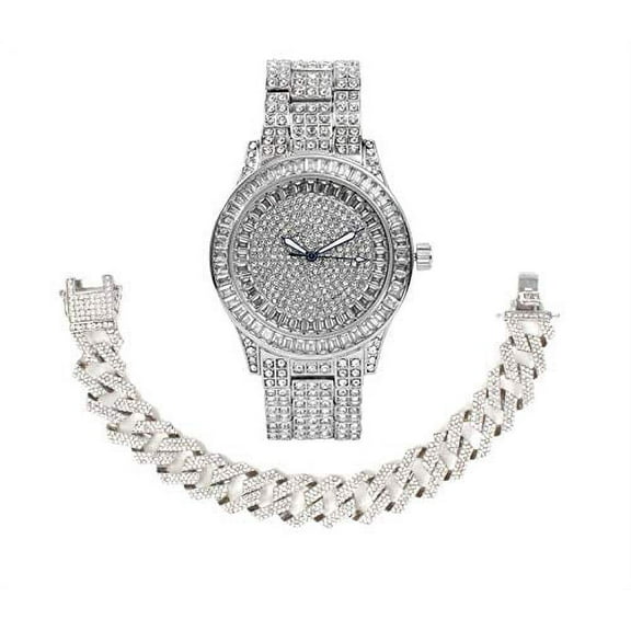 Bling'ed Out Mens Silver Watch on Blast w/Zig Zag Bling'ed Out Bracelet Set - New Cuban Z Links w/3 Row Diamonds on Each Side - ST102Series (ST10228 Silver w/Bracelet)