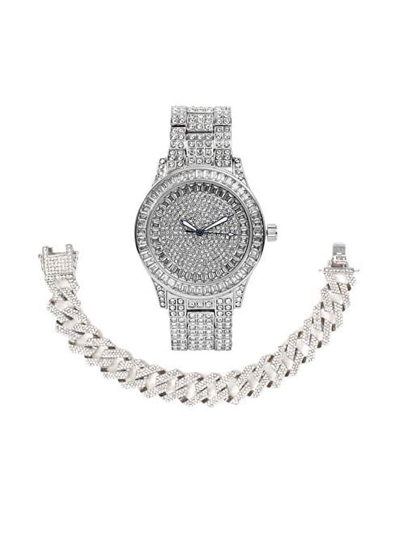 Bling'ed Out Mens Silver Watch on Blast w/Zig Zag Bling'ed Out Bracelet Set - New Cuban Z Links w/3 Row Diamonds on Each Side - ST102Series (ST10228 Silver w/Bracelet)