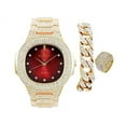 thumbnail image 1 of Bling-ed Out Oblong Case Mens PP Look Watch with Blood Red Dial, Matching Bling-ed Out Cuban Bracelet and King Ring Set - 8475 CR Cuban Set (9, Red - Gold), 1 of 6
