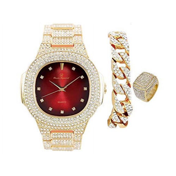 Bling-ed Out Oblong Case Mens PP Look Watch with Blood Red Dial w/Matching Bling-ed Out Cuban Bracelet and King Ring Set - 8475 CR Cuban Set (11, Red - Gold)