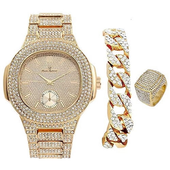 Bling-ed Out Oblong Case Mens PP Look Watch w/Matching Bling-ed Out Cuban Bracelet and King Ring Set - 8475 CR Cuban Set (8, Gold - Gold)