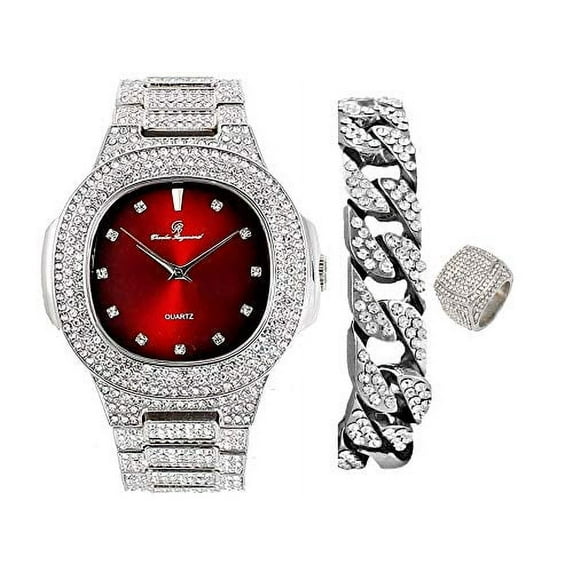 Bling-ed Out Oblong Case Mens PP Look Watch w/Matching Bling-ed Out Cuban Bracelet and King Ring Set - 8475 CR Cuban Set (8, Red - Silver)