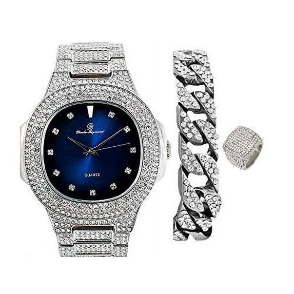 Bling-ed Out Oblong Case Silver Tone Mens PP Look Watch with Royal Blue Dial, Matching Bling-ed Out Cuban Bracelet and King Ring Set - 8475 CR Cuban Set (12, Blue - Silver)