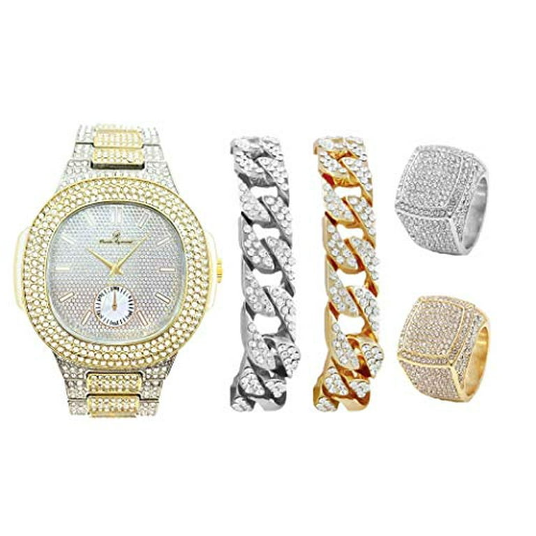 Bling ed Out Oblong Case Two Tone Men PP Look Watch with Two Mix and Match Bling ed Out Cuban Bracelets and 2 Iced King Rings 8475BTT Cuban Set 10