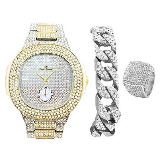 Bling-ed Out Oblong Case Two Tone Mens PP Look Watch w/Matching Bling-ed Out Cuban Bracelet and Iced King Ring - 8475BTT Cuban Set (8, Silver)