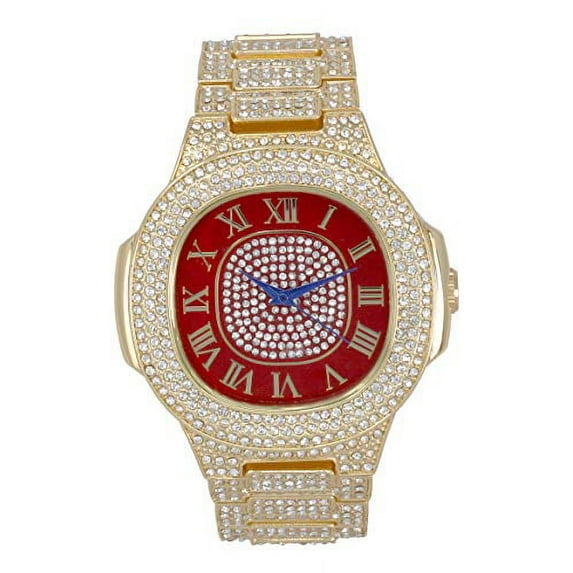 Bling-ed Out Oblong Metal Mens Color on Blast Watch - 8475Color (ST10235SDR# Gold Blood Red)