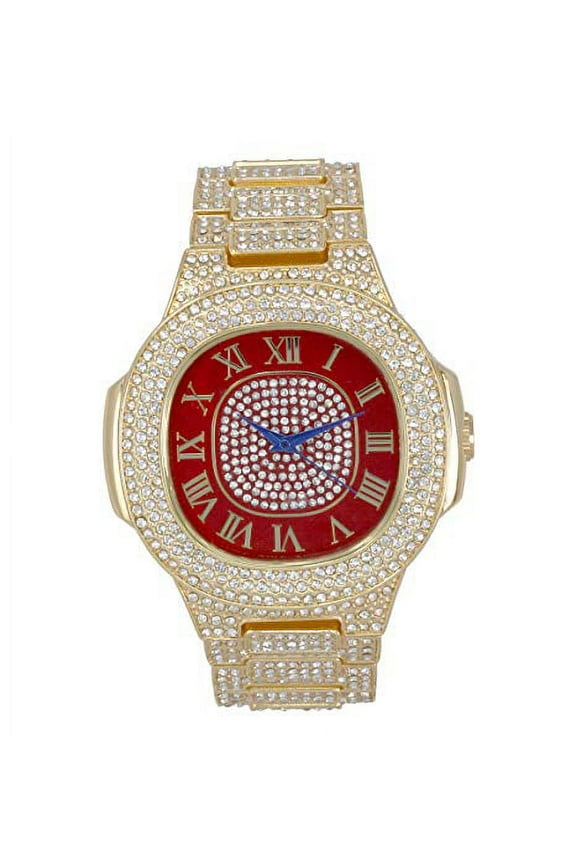 Bling-ed Out Oblong Metal Mens Color on Blast Watch - 8475Color (ST10235SDR# Gold Blood Red)