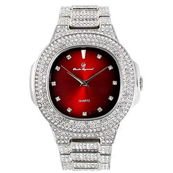Bling-ed Out Oblong Metal Mens Color on Blast Watch - 8475Color (Silver Blood Red)