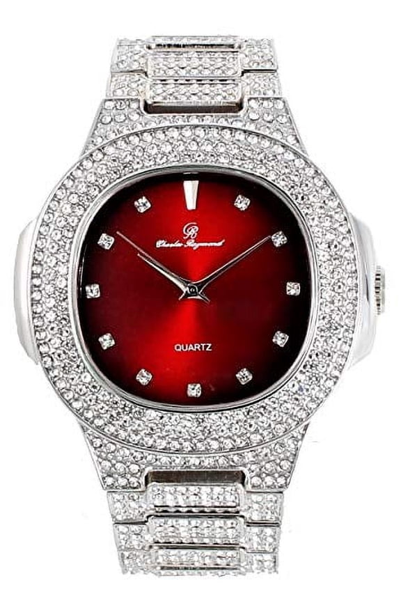 Bling-ed Out Oblong Metal Mens Color on Blast Watch - 8475Color (Silver Blood Red)