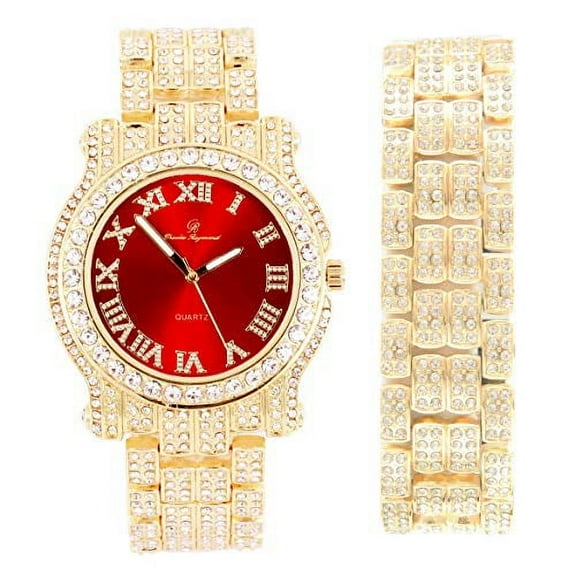 Bling-ed Out Round Luxury Mens Watch with Color Dial and Bling Bling Diamond Time Indicators w/Bling-ed Out Matching Bracelet - L0504DXB (Roman Blood Red Gold)