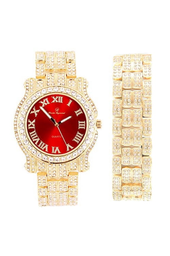 Bling-ed Out Round Luxury Mens Watch with Color Dial and Bling Bling Diamond Time Indicators w/Bling-ed Out Matching Bracelet - L0504DXB (Roman Blood Red Gold)