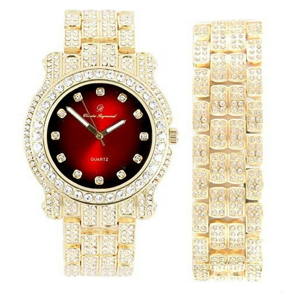 Bling-ed Out Round Luxury Mens Watch with Color Dial and Diamond Time Indicators w/Bling-ed Out Matching Bracelet - L0504DXB (Blood Red Gold)