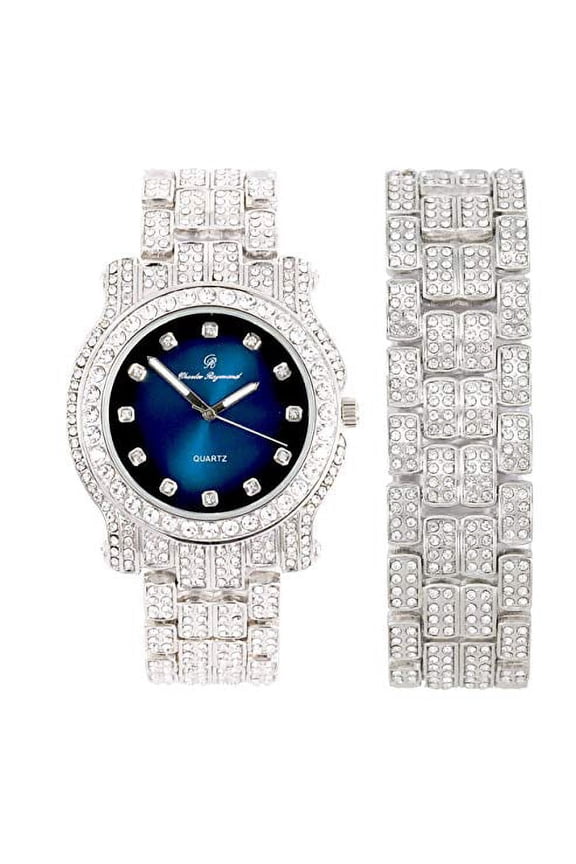 Bling-ed Out Round Luxury Mens Watch with Color Dial and Diamond Time Indicators w/Bling-ed Out Matching Bracelet - L0504DXB (Midnight Blue Silver)