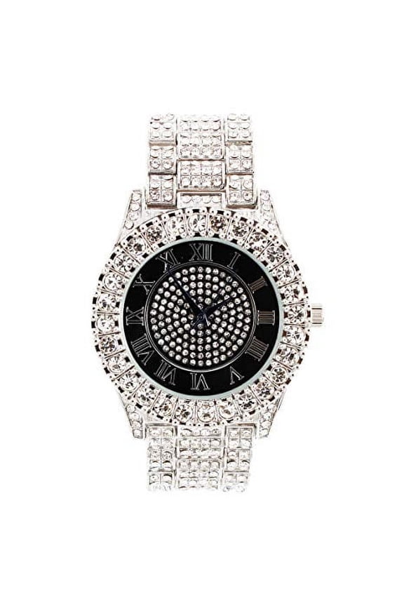 Bling-ed Out Round Metal Mens Color on Blast Silver Tone Watch with Diamond Time Indicators - Ice on Fire!!! - ST10327DxxS (SD Silver-Black)