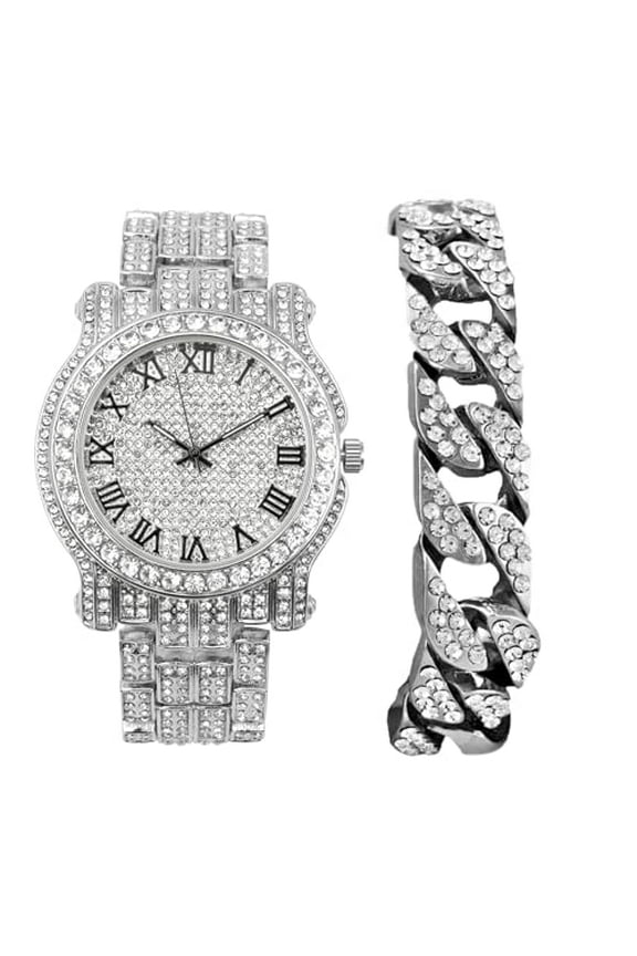 Bling-ed Out Silver Round Luxury Mens Watch w/ Bling-ed Out Bracelet - L0504B (L05054RN SLV #R BLK-C)