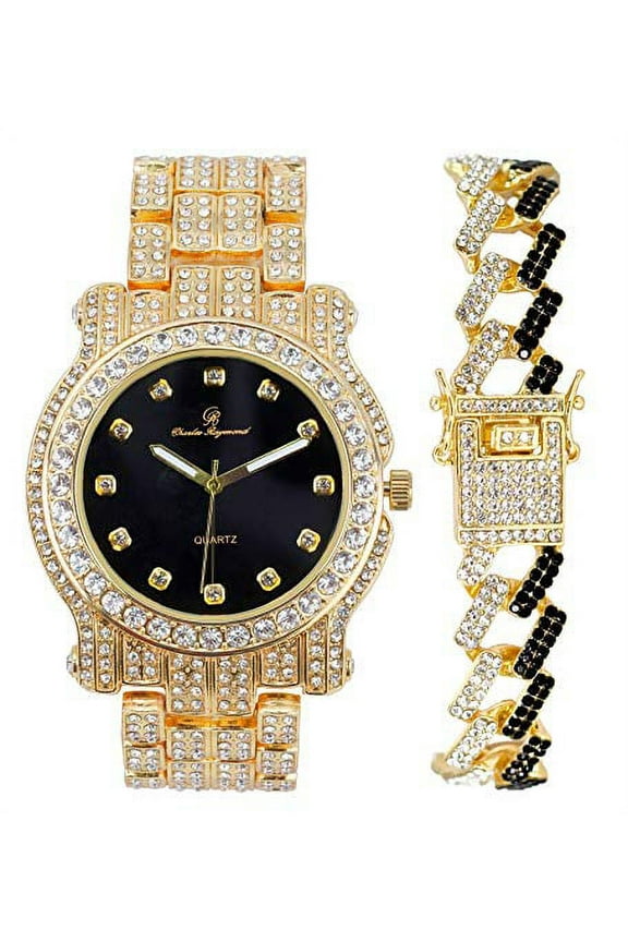 Bling-ed Out Silver Round Luxury Mens Watch w/Bling-ed Out Bracelet - (L0504DXB ZZ Gold Black Panther)