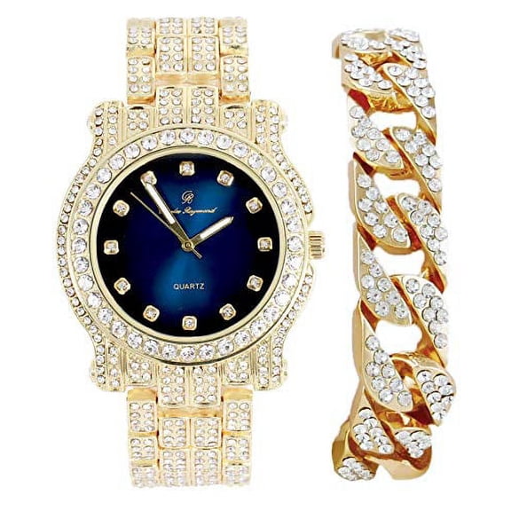 Bling-ed Out Silver Round Luxury Mens Watch w/Bling-ed Out Cuban Bracelet - Cuban (DXB Gold Magic Blue)