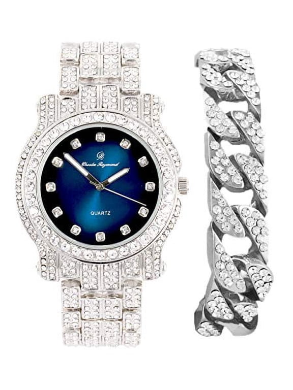 Bling-ed Out Silver Round Luxury Mens Watch w/Bling-ed Out Cuban Bracelet - Cuban (DXB Silver Magic Blue)