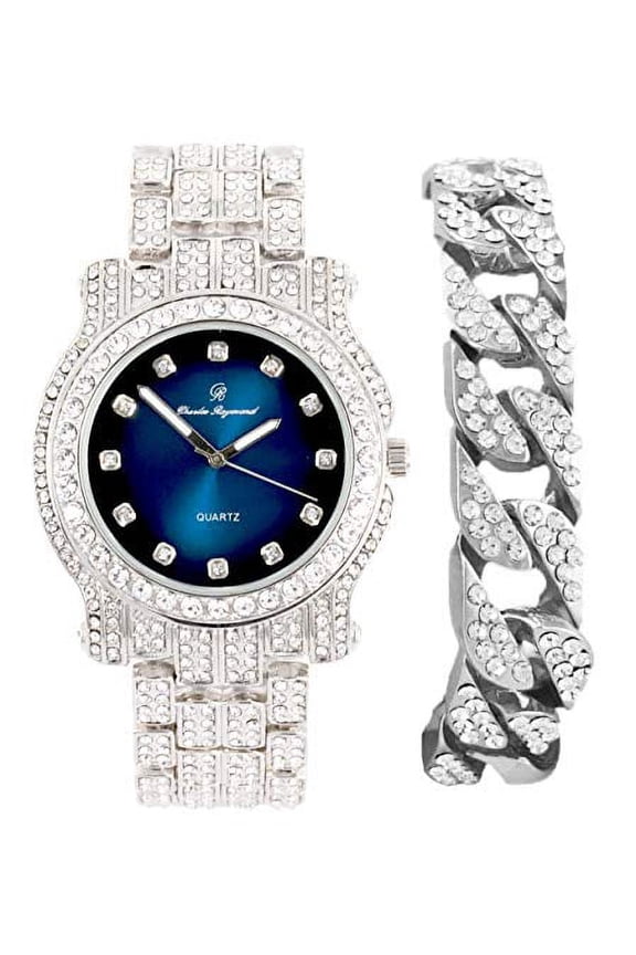 Bling-ed Out Silver Round Luxury Mens Watch w/Bling-ed Out Cuban Bracelet - Cuban (DXB Silver Magic Blue)