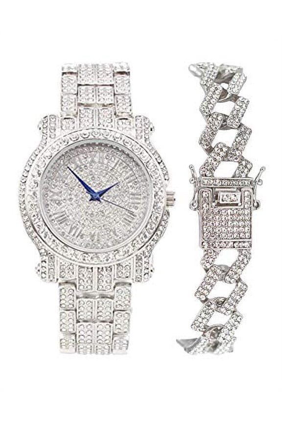 Bling-ed Out Silver Round Luxury Mens Watch w/Bling-ed Out ZZ Design Bracelet - (L0504RNB ZZ Silv Silv)