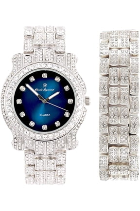 Bling-ed Out Ultimate Gold Hip Hop Royalty Mens Watch w/Easy Reader Roman Numeral Bright Colored Dial - L0504 DX - BLUE - SILVER