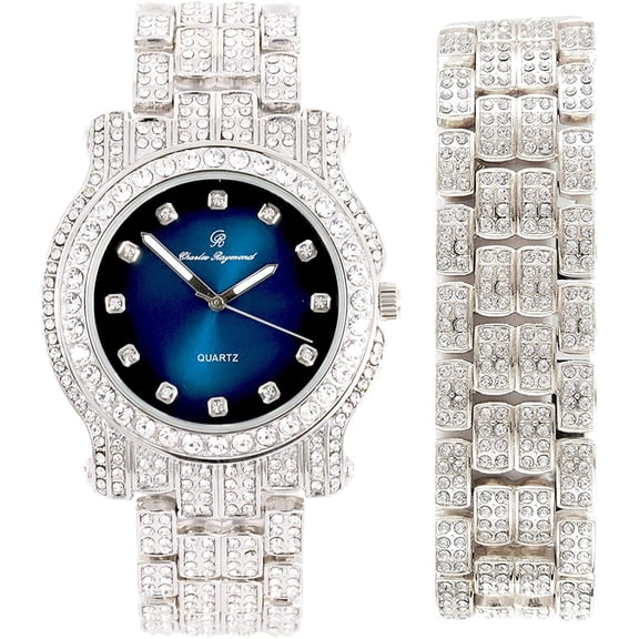 Bling-ed Out Ultimate Gold Hip Hop Royalty Mens Watch w/Easy Reader Roman Numeral Bright Colored Dial - L0504 DX - BLUE - SILVER