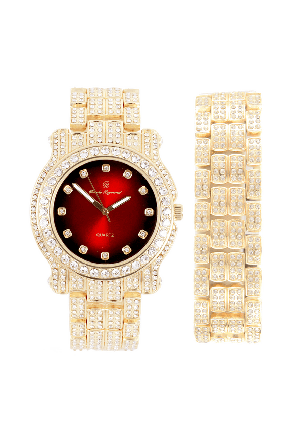 Bling-ed Out Ultimate Gold Hip Hop Royalty Mens Watch w/Easy Reader Roman Numeral Bright Colored Dial - L0504 DX - RED - GOLD