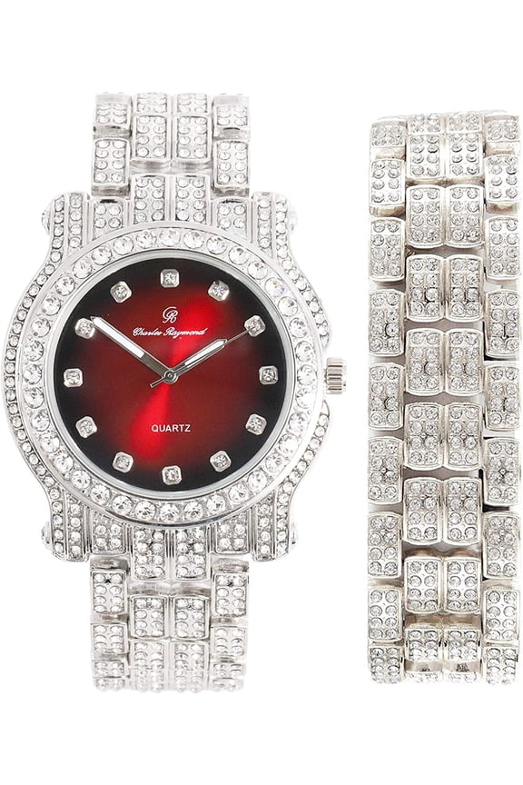 Bling-ed Out Ultimate Gold Hip Hop Royalty Mens Watch w/Easy Reader Roman Numeral Bright Colored Dial - L0504 DX - RED - SILVER