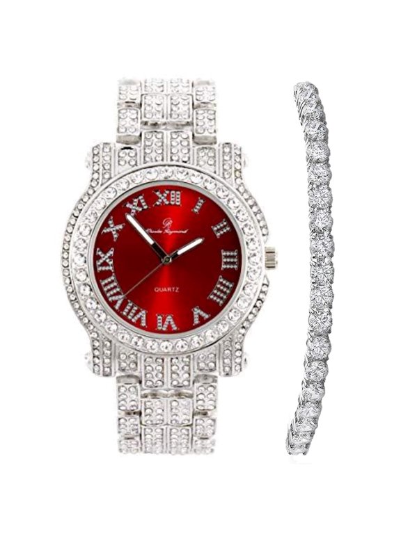 Bling-ed Out Ultimate Hip Hop Royalty Mens Watch w/Easy Reader Roman Numeral or Diamond Time Indicators - Bright Colored Dials - L0504 (Silver Blood Red w/Tennis)