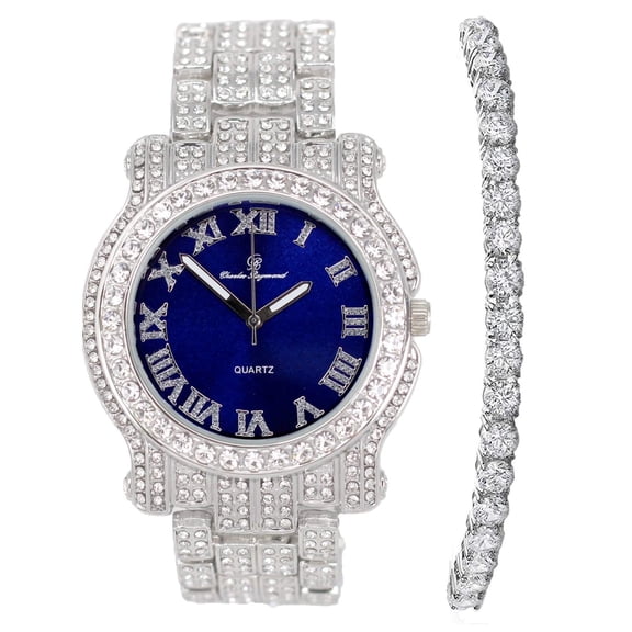 Bling-ed Out Ultimate Hip Hop Royalty Mens Watch w/Easy Reader Roman Numeral or Diamond Time Indicators - Bright Colored Dials - L0504 (Silver Royal Blue w/Tennis)