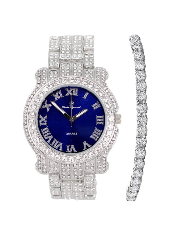 Bling-ed Out Ultimate Hip Hop Royalty Mens Watch w/Easy Reader Roman Numeral or Diamond Time Indicators - Bright Colored Dials - L0504 (Silver Royal Blue w/Tennis)