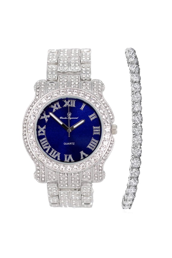 Bling-ed Out Ultimate Hip Hop Royalty Mens Watch w/Easy Reader Roman Numeral or Diamond Time Indicators - Bright Colored Dials - L0504 (Silver Royal Blue w/Tennis)
