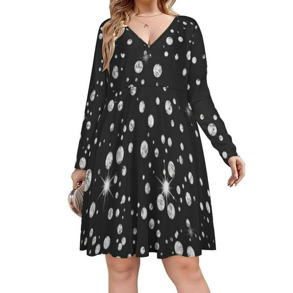 Bling with Diamond Long Sleeve Dresses For Women Vintage Elegant Party Dress Oversized V-neck Dress S-8XL