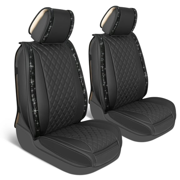 BlingStitch™ Car Seat Covers for Front Seats - Luxurious Black Vegan Leather Seat Covers for Cars with Black Bling Crystals, Premium Automotive Seat Covers for SUV, Trucks, Car Bling Luxury