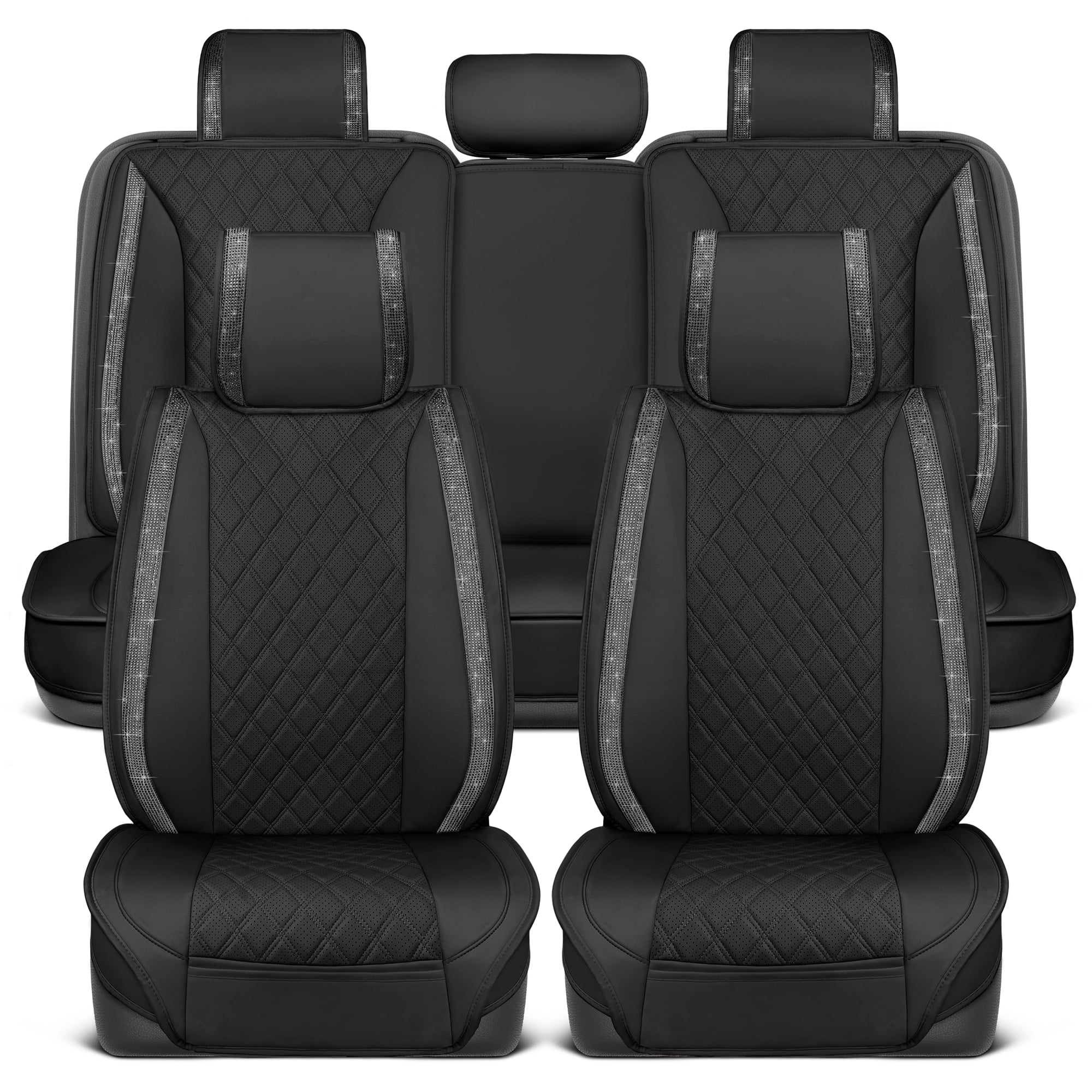 Luxurious Black Vegan Leather Car Seat Covers with Bling Crystals