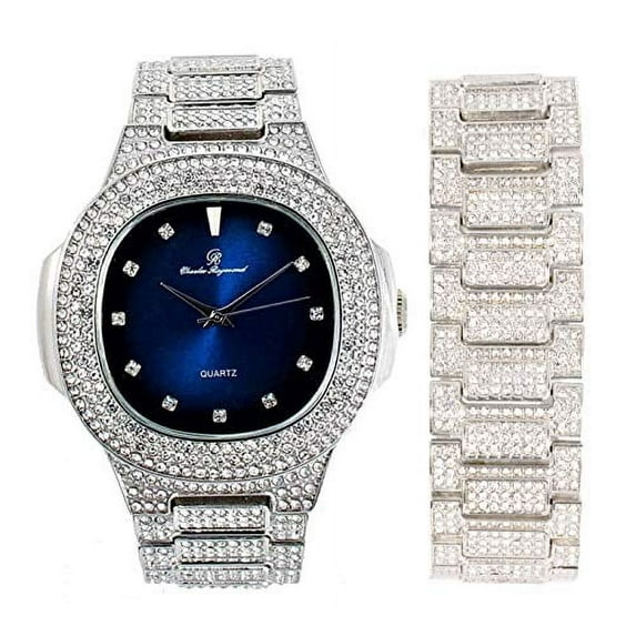 Blinged Oblong Case Metal Mens Watch w/Matching Bracelet Set - 8475B Silver (Royal Blue)